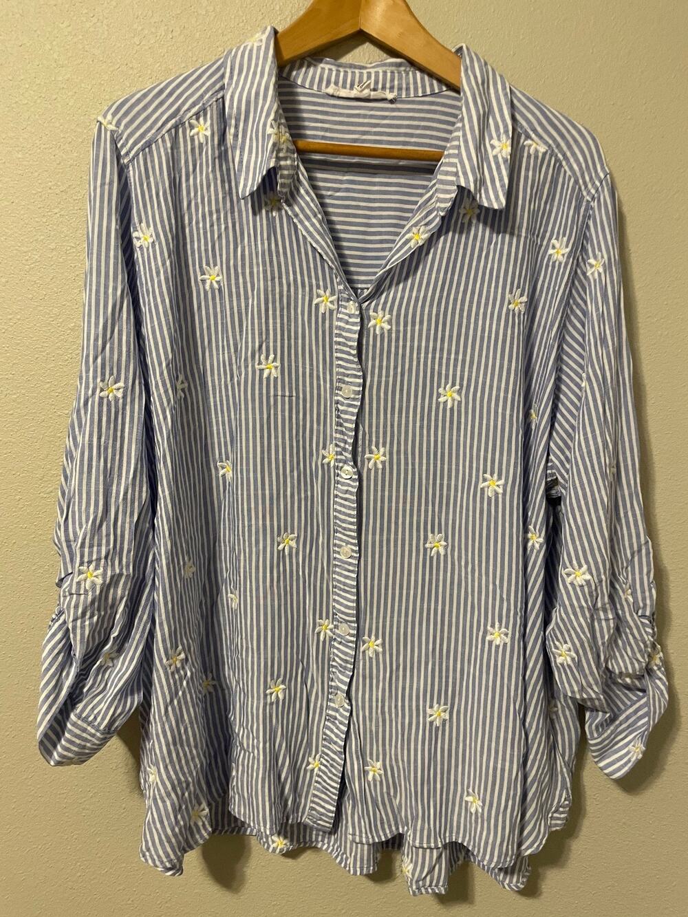 Jane + Delancey Tunic Top Womens 3X Blue Stripe Daisy Embroidered Button Up Boho